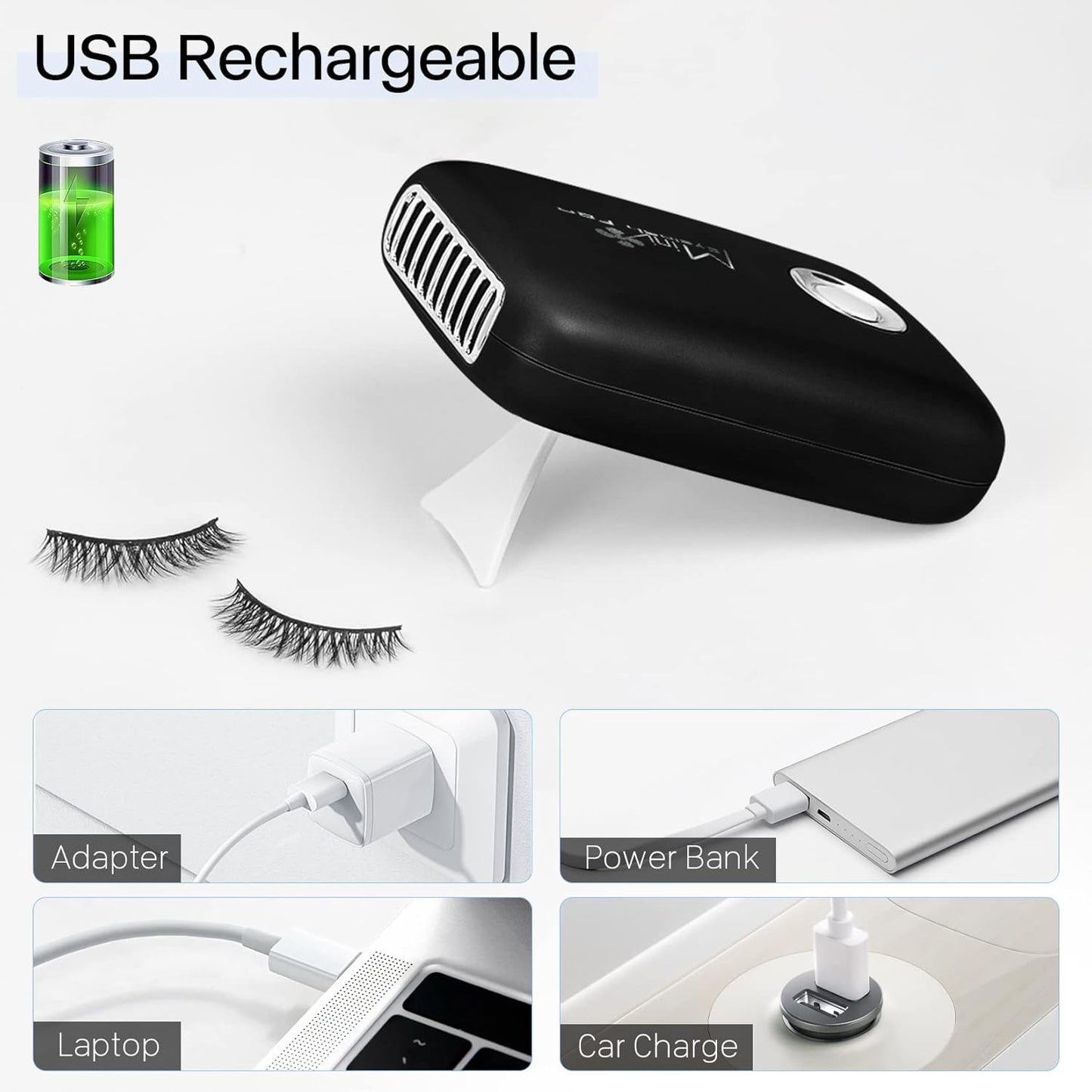 Portable Eyelash Mini Fan Dryer - Handheld USB Rechargeable with 3 Speed Settings for Eyelash Extensions (Black)