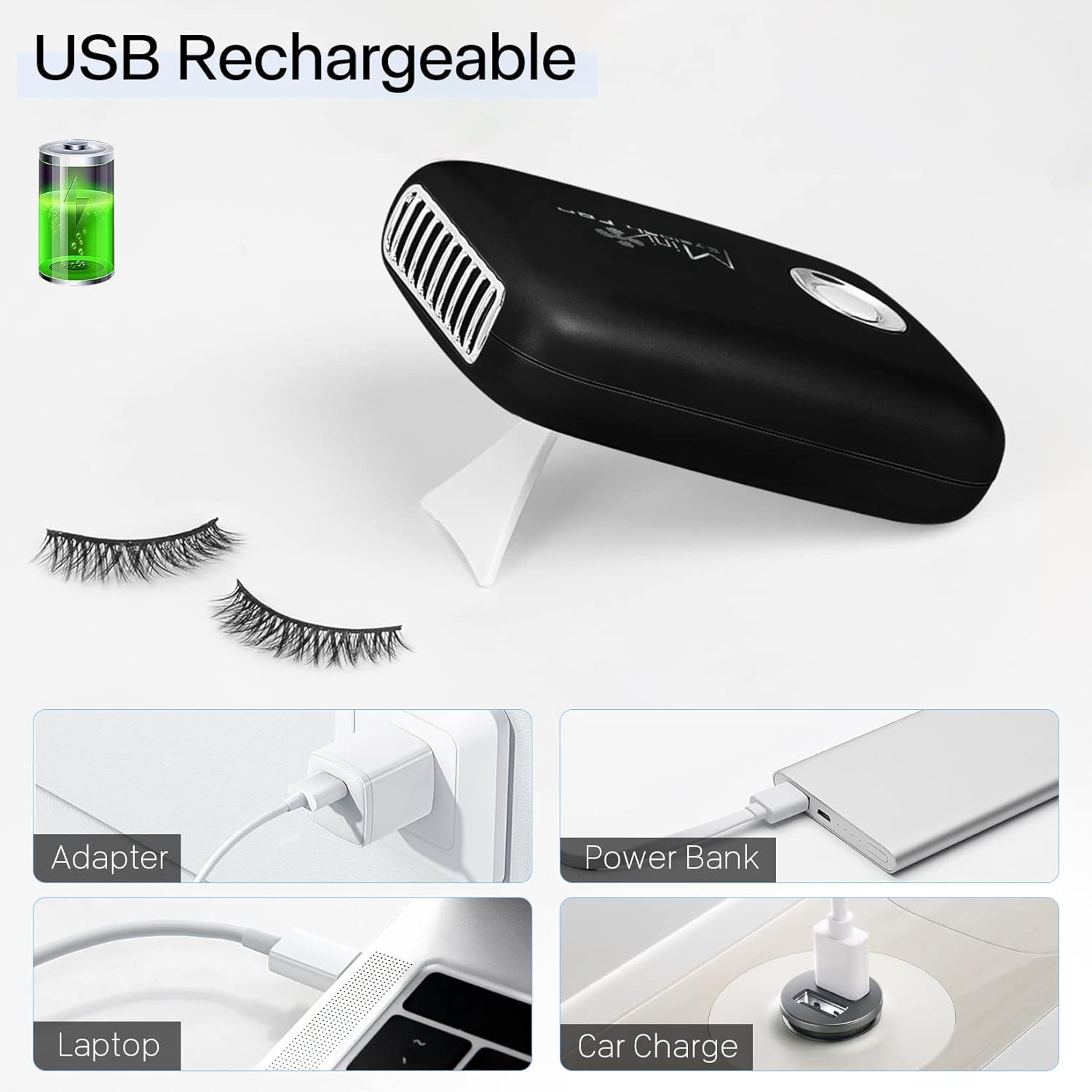 Portable Eyelash Mini Fan Dryer - Handheld USB Rechargeable with 3 Speed Settings for Eyelash Extensions (Black)