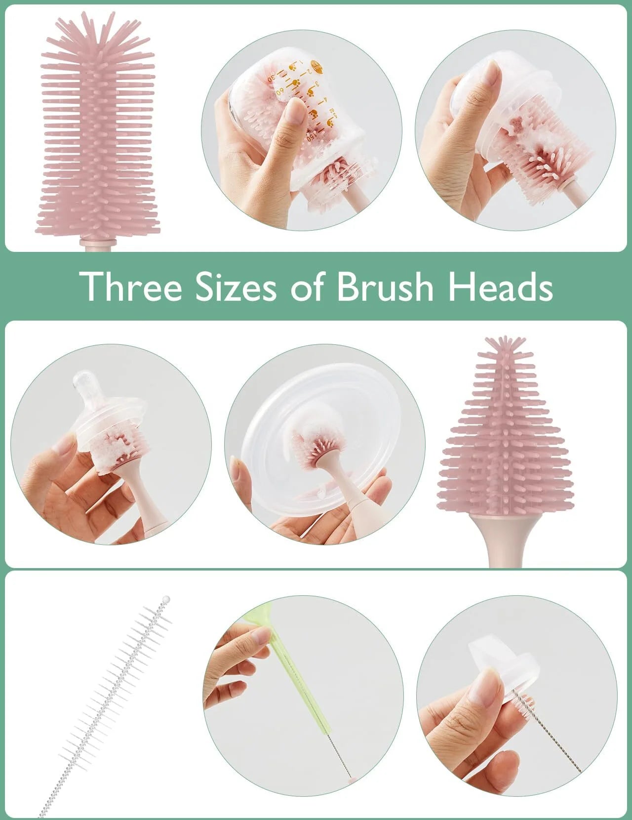 Portable Bottle Brush Set - Baby Bottle Cleaner Kit with Silicone Brush, Drying Rack - 6 in 1 Bottle Cleaning Tool for Home and Travel Pink 1 Set