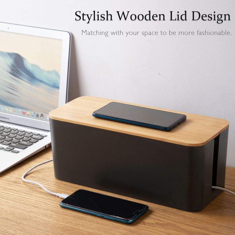 Cable Management Boxes Organizer, Bamboo Lid, Large Storage Wires Keeper Holder for Desk, TV, Computer, USB Hub, System to Cover and Hide & Power Strips & Cords (Luxury Black)