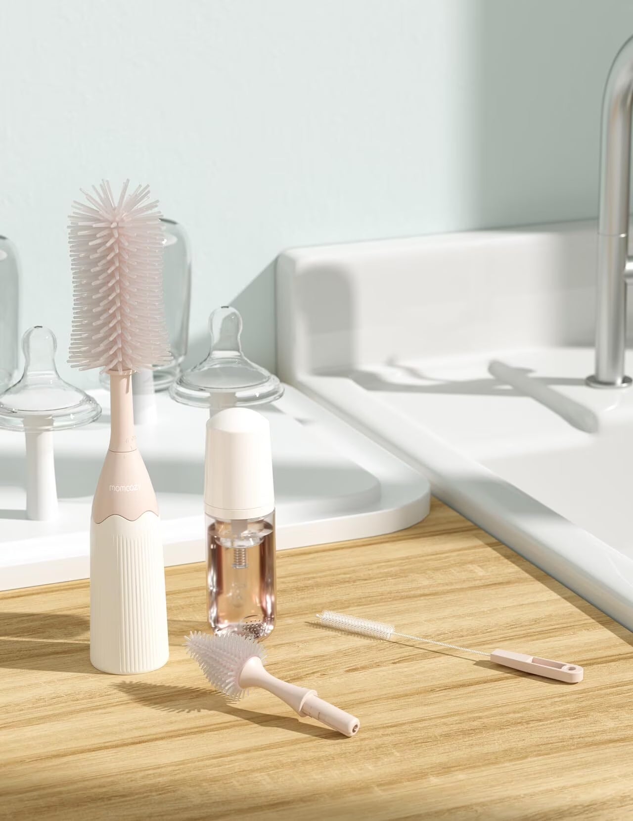 Portable Bottle Brush Set - Baby Bottle Cleaner Kit with Silicone Brush, Drying Rack - 6 in 1 Bottle Cleaning Tool for Home and Travel Pink 1 Set