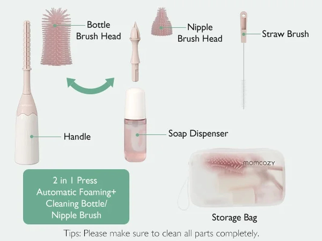 Portable Bottle Brush Set - Baby Bottle Cleaner Kit with Silicone Brush, Drying Rack - 6 in 1 Bottle Cleaning Tool for Home and Travel Pink 1 Set