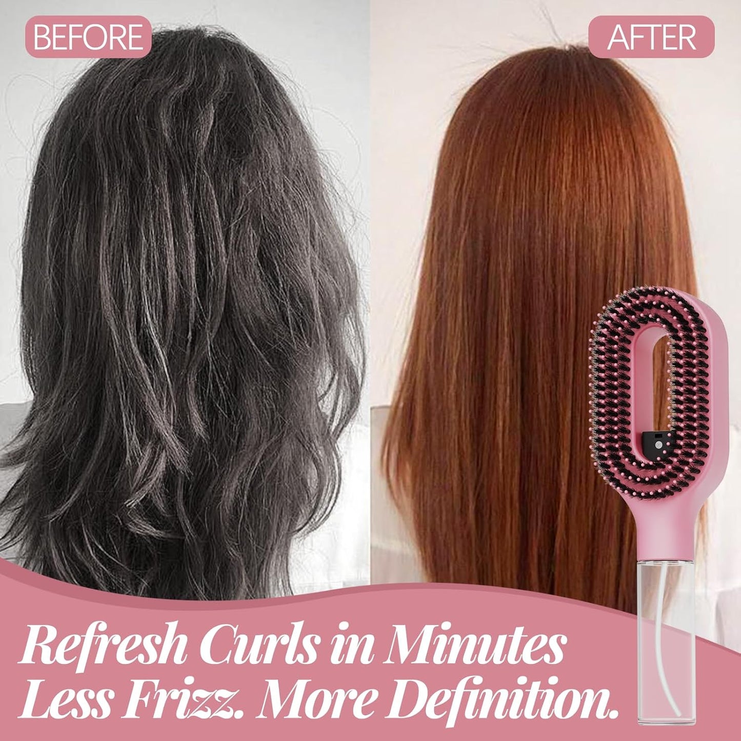 Curl Refresh Detangling Brush with Fine Mist Spray | Anti-Breakage & Frizz Control for Curly Hair | Wet or Dry Styling | Travel Friendly(1, Pink)