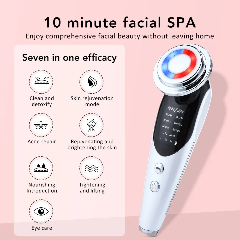Facial Massager Beauty Device, Electric Face Lifting, Skin Rejuvenation, 7 in 1 Skin Care Tool with 3 LED Light, 3 Vibration & Massage for Anti-Aging, Deep Cleansing, Skin Tightening, Skin Refreshing