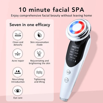 Facial Massager Beauty Device, Electric Face Lifting, Skin Rejuvenation, 7 in 1 Skin Care Tool with 3 LED Light, 3 Vibration & Massage for Anti-Aging, Deep Cleansing, Skin Tightening, Skin Refreshing