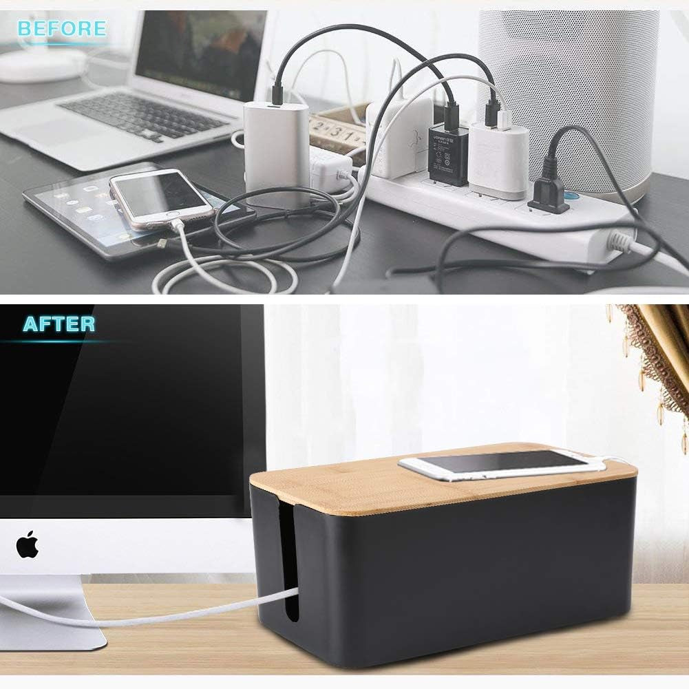 Cable Management Boxes Organizer, Bamboo Lid, Large Storage Wires Keeper Holder for Desk, TV, Computer, USB Hub, System to Cover and Hide & Power Strips & Cords (Luxury Black)