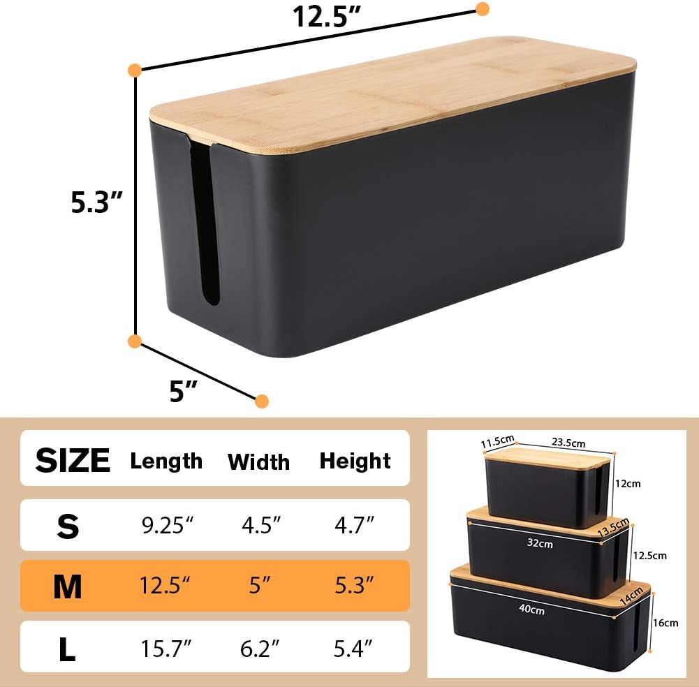 Cable Management Boxes Organizer, Bamboo Lid, Large Storage Wires Keeper Holder for Desk, TV, Computer, USB Hub, System to Cover and Hide & Power Strips & Cords (Luxury Black)