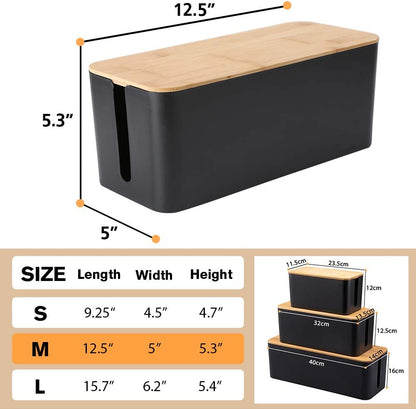 Cable Management Boxes Organizer, Bamboo Lid, Large Storage Wires Keeper Holder for Desk, TV, Computer, USB Hub, System to Cover and Hide & Power Strips & Cords (Luxury Black)