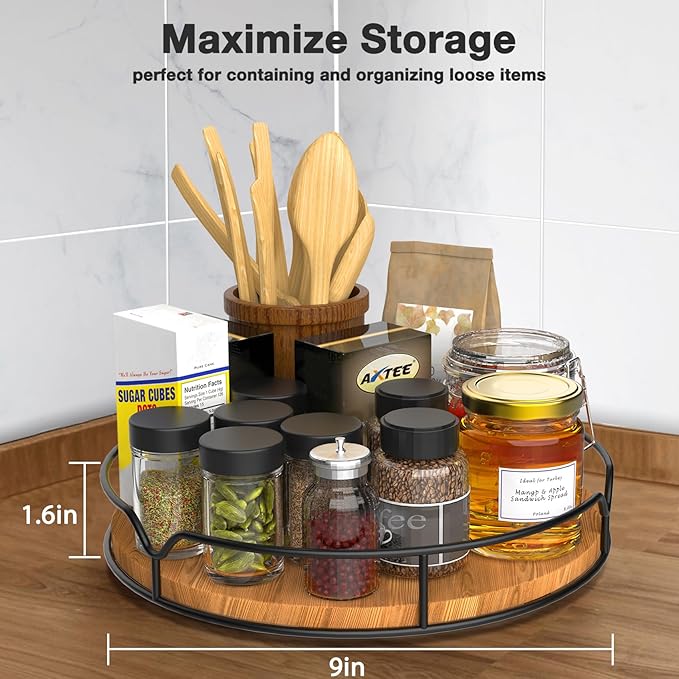 Lazy Susan Turntable Organizer – 9" Pine Wood, Cabinet & Countertop