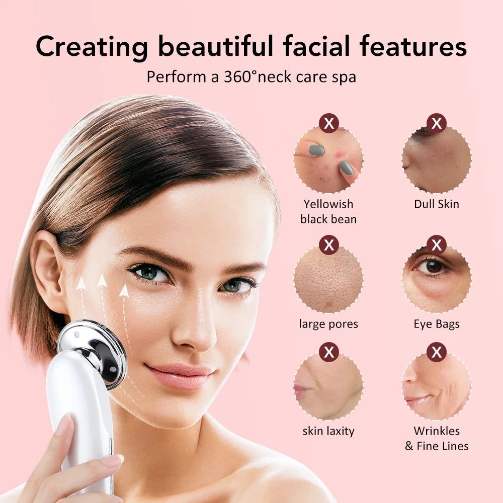 Facial Massager Beauty Device, Electric Face Lifting, Skin Rejuvenation, 7 in 1 Skin Care Tool with 3 LED Light, 3 Vibration & Massage for Anti-Aging, Deep Cleansing, Skin Tightening, Skin Refreshing