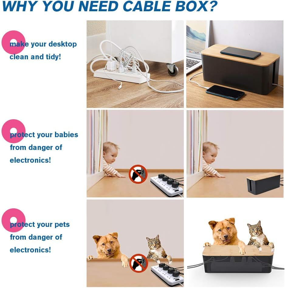 Cable Management Boxes Organizer, Bamboo Lid, Large Storage Wires Keeper Holder for Desk, TV, Computer, USB Hub, System to Cover and Hide & Power Strips & Cords (Luxury Black)