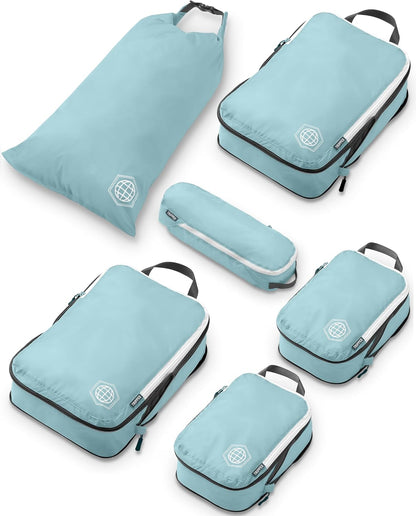 Compression Packing Cubes for Travel, 6-Piece Lightweight Packing Cubes Set for Carry-On Luggage & Backpacks –  (Dusty Teal/White)