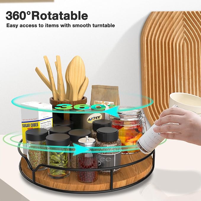Lazy Susan Turntable Organizer – 9" Pine Wood, Cabinet & Countertop