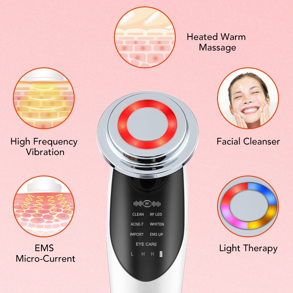 Facial Massager Beauty Device, Electric Face Lifting, Skin Rejuvenation, 7 in 1 Skin Care Tool with 3 LED Light, 3 Vibration & Massage for Anti-Aging, Deep Cleansing, Skin Tightening, Skin Refreshing