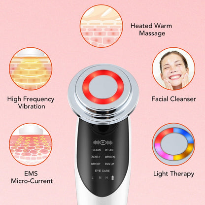 Facial Massager Beauty Device, Electric Face Lifting, Skin Rejuvenation, 7 in 1 Skin Care Tool with 3 LED Light, 3 Vibration & Massage for Anti-Aging, Deep Cleansing, Skin Tightening, Skin Refreshing