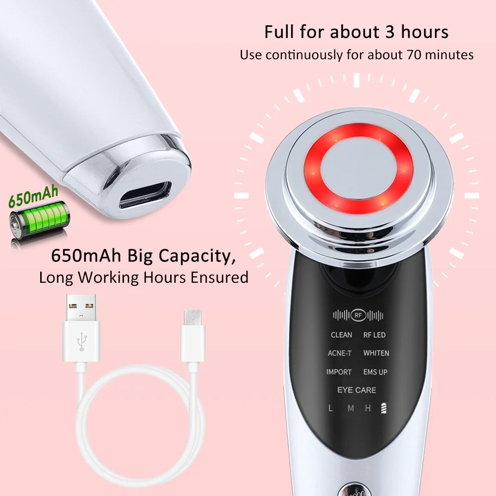 Facial Massager Beauty Device, Electric Face Lifting, Skin Rejuvenation, 7 in 1 Skin Care Tool with 3 LED Light, 3 Vibration & Massage for Anti-Aging, Deep Cleansing, Skin Tightening, Skin Refreshing