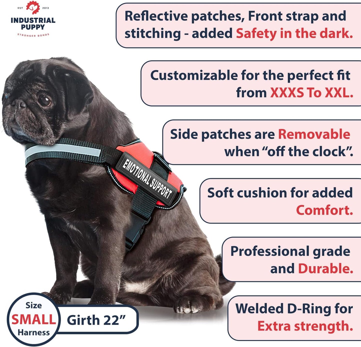 Emotional Support Vest Harness - Durable and Adjustable Dog Vest with Reflective Straps, Removable Patches, Handle & D-Ring, Travel and Daily Use, Small 19.5-25" - Bright Red