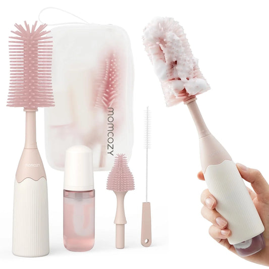Portable Bottle Brush Set - Baby Bottle Cleaner Kit with Silicone Brush, Drying Rack - 6 in 1 Bottle Cleaning Tool for Home and Travel Pink 1 Set