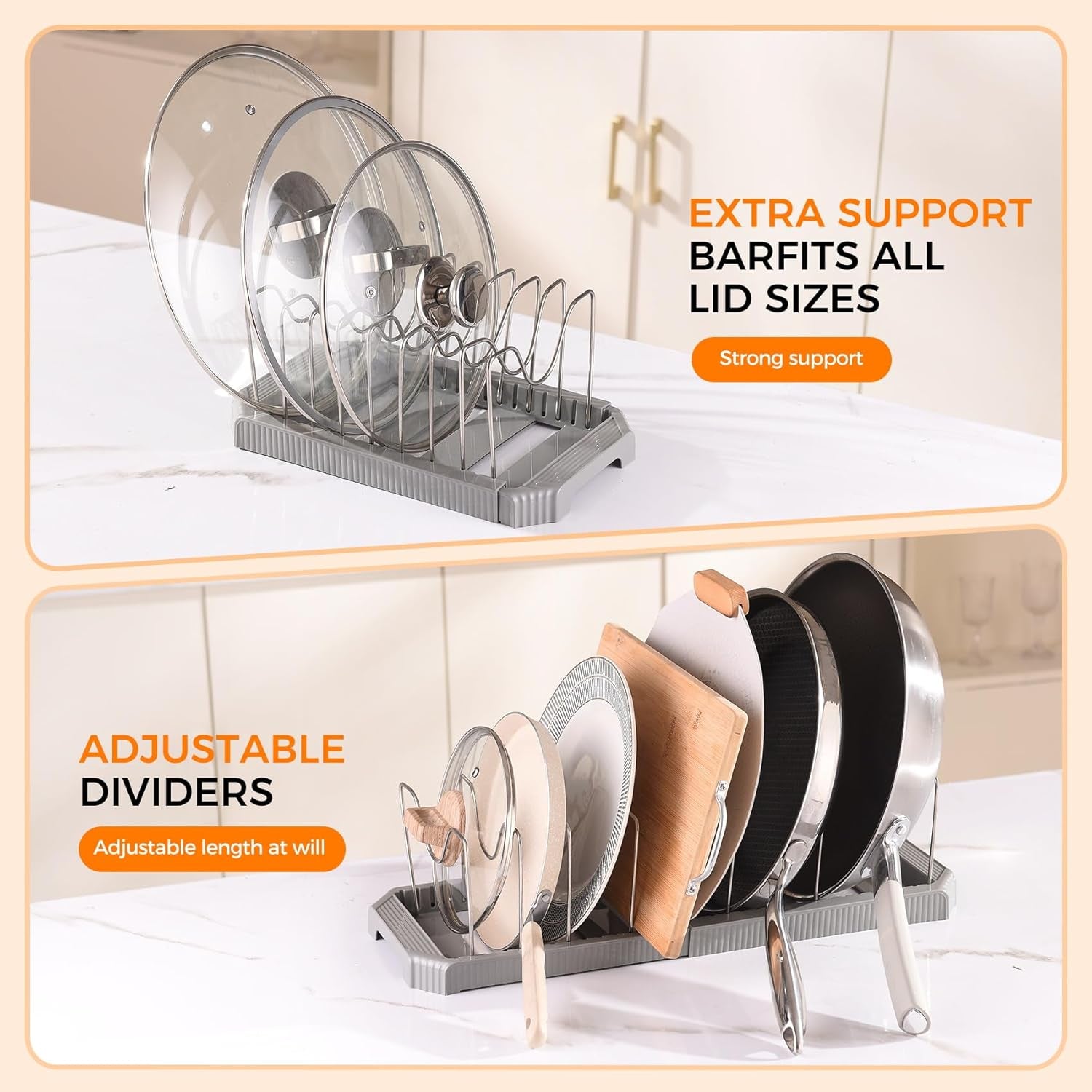 Adjustable Pot Lid Organizer Rack, 9 Compartments Cabinet Storage Holder for Pots, Pans, Lids, Cutting Boards, Bakeware