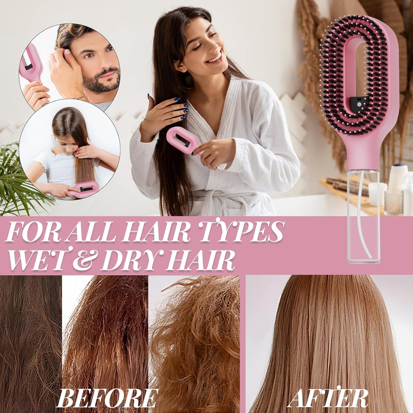 Curl Refresh Detangling Brush with Fine Mist Spray | Anti-Breakage & Frizz Control for Curly Hair | Wet or Dry Styling | Travel Friendly(1, Pink)