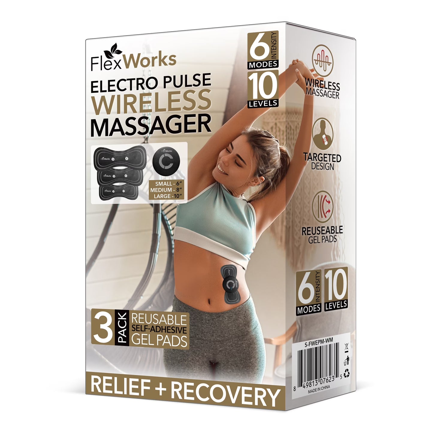 Electro Pulse Wireless Massager with 3 Pack of Reusable Self-Adhesive Gel Pads, Black