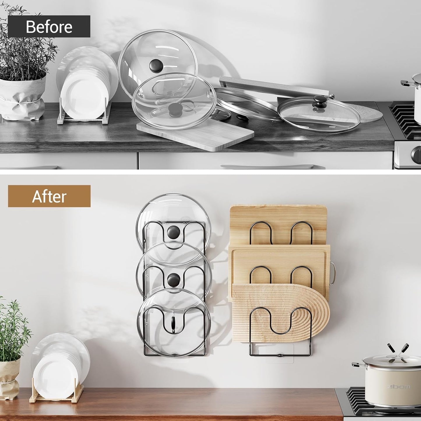 2 Pack Pot Lid Organizer Rack for Cabinet Door, 6-Tier Pot Lid Holders inside Cabinet, No Drilling Adhesive Wall Door Mounted Rustproof Pots and Pans Cover Organizers for Kitchen Storage, Black