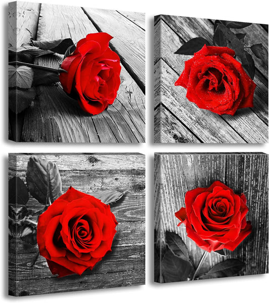 Red Rose Canvas Wall Art Decor,12X12Inx4 Black White Red Romantic Gift | Solid Wood Frame; Hooks Pre-Installed; Vintage Wood Backdrop; Vivid Red Rose; Scratch & Fade Resistant; Wipe Clean