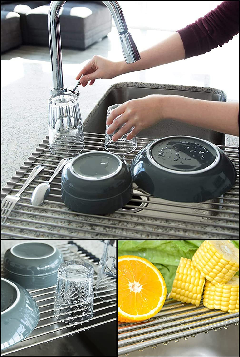 17.7" X 15.5" Roll up Dish Drying Rack over Sink Drying Rack Sink Cover Kitchen Sink Accessories Gadget Multipurpose Organizer Foldable Stainless Steel Drainer (Grey)