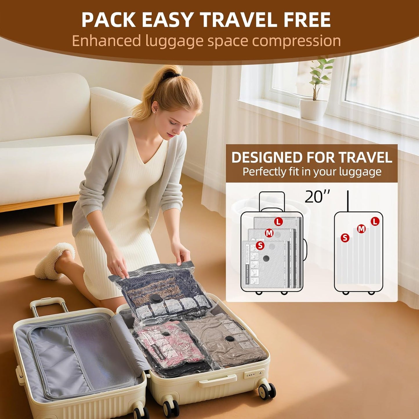Travel Vacuum Storage Bags, 6 Pack Carry-On Size for Luggage and Suitcase, Vacuum Storage Bags, Vacuum for Bags Storage, Space Saver for Clothes & Clothing - 80% Space Saver(No Pump)