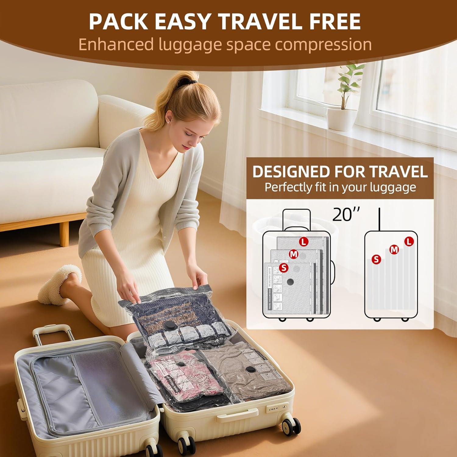 Travel Vacuum Storage Bags, 6 Pack Carry-On Size for Luggage and Suitcase, Vacuum Storage Bags, Vacuum for Bags Storage, Space Saver for Clothes & Clothing - 80% Space Saver(No Pump)