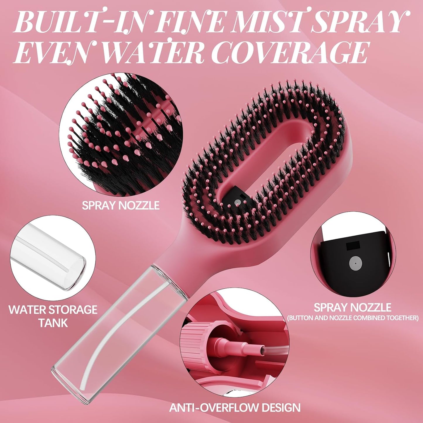 Curl Refresh Detangling Brush with Fine Mist Spray | Anti-Breakage & Frizz Control for Curly Hair | Wet or Dry Styling | Travel Friendly(1, Pink)