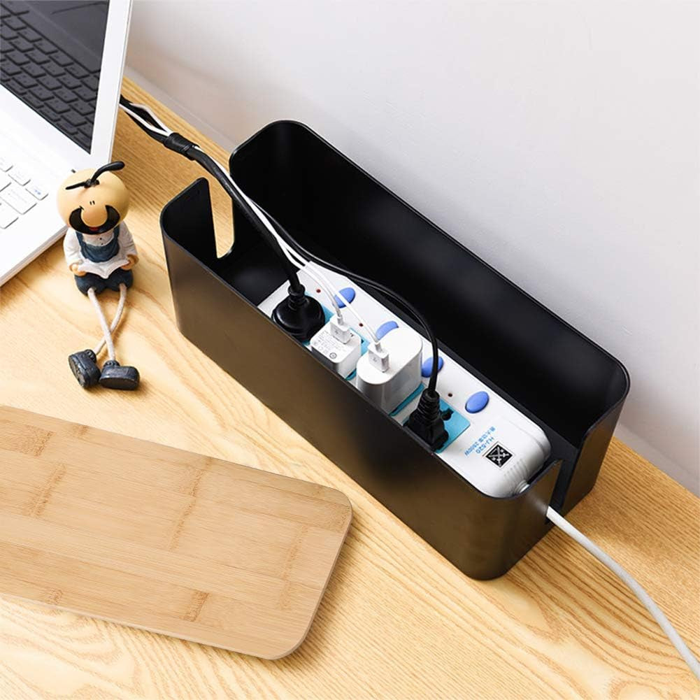 Cable Management Boxes Organizer, Bamboo Lid, Large Storage Wires Keeper Holder for Desk, TV, Computer, USB Hub, System to Cover and Hide & Power Strips & Cords (Luxury Black)
