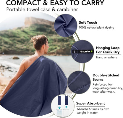 Quick Dry Travel Towel with Case & Carabiner – Super Absorbent Microfiber Gym & Camping Towel. Compact, Lightweight, Fast Drying for Beach, Swimming, Hiking, Backpacking