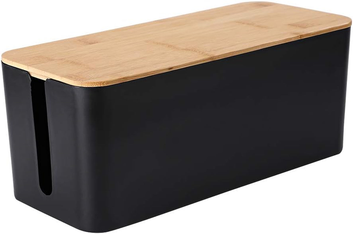Cable Management Boxes Organizer, Bamboo Lid, Large Storage Wires Keeper Holder for Desk, TV, Computer, USB Hub, System to Cover and Hide & Power Strips & Cords (Luxury Black)