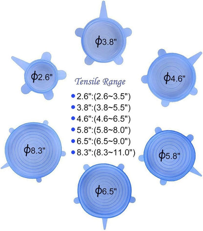 12 Pcs Silicone Stretch Lids Set, 6 Sizes, Reusable Food Storage Covers ，Silicone Bowl Covers，Flexible to Fit All Shape of Containers，Food Cover to Keep Food Fresh (Blue)