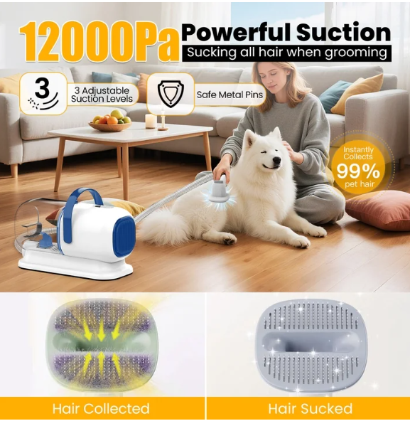 Dog Grooming Vacuum Kit – 5-in-1 Pet Grooming Tools with Low Noise Clippers